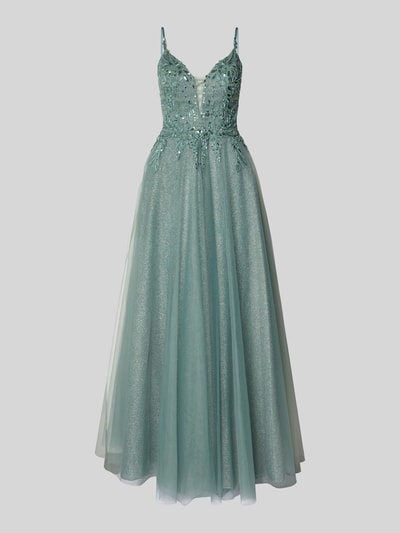 Produktfoto, Regular Fit Abendkleid mit floralem Ziersteinbesatz von Luxuar, zielony mesh, motywy kwiatowe, połysk, sznurowanie, krój regular fit, długość tyłu w rozmiarze 36: 144 cm, szerokość w rozmiarze 36: 35 cm
