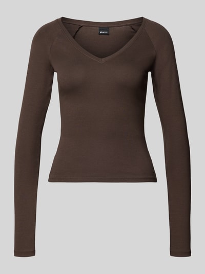 Produktfoto, Slim Fit Longsleeve mit V-hals van Gina Tricot, dames shirt met lange mouwen van katoenmix, lang, effen bruin, ruglengte maat S 48 cm