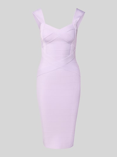 Produktfoto, Slim Fit Kleid mit Strukturmuster von Lipsy in hellem Violett, Elastischer-Material-Mix, Reißverschluss, Ärmelloses-Design, Knielänge, Rückenlänge 105 cm, Brustweite 35 cm bei Größe 36