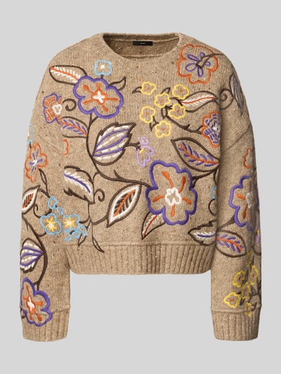 Produktfoto, Regular Fit Pullover mit Woll-Anteil in Strick-Optik von Oui, elastische materiaalmix met wol, tricotlook, all-over bloemenmotief stitching, ronde hals, ruglengte maat 36: 51 cm, mouwlengte maat 36: 58 cm
