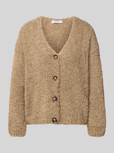 Produktfoto, Relaxed Fit Strickjacke aus Woll-Viskose-Mix Modell 'Sofia' von ZABAIONE in Beige, weiche Textur, durchgängige Knopfleiste, V-Ausschnitt, langärmliges Design