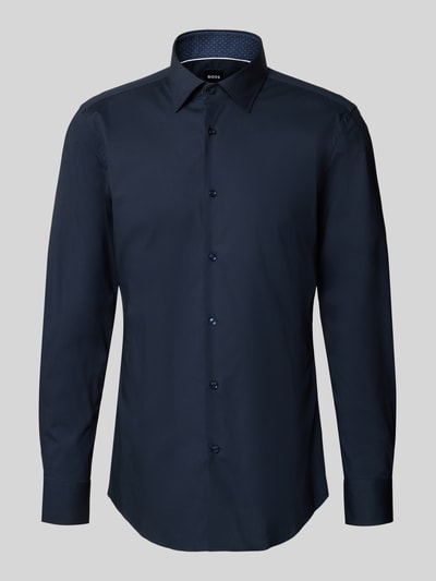 Produktfoto, granatowe Slim Fit Businesshemd aus Baumwoll-Mix Modell 'H-HANK' od BOSS, gładka popelina, długi rękaw, kołnierzyk kent