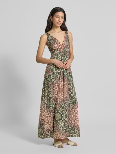 Apricot Midikleid mit V-Ausschnitt im Allover-Look Gruen 1