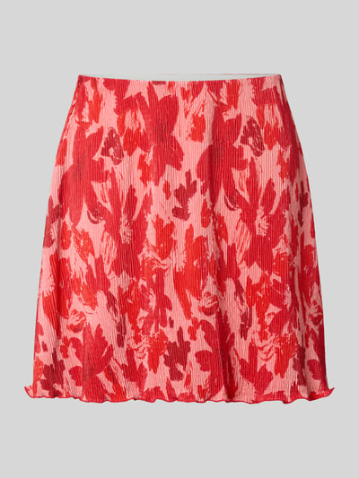 Produktfoto, Ausgestellter Mini-Rock mit all-over motief model 'FLORA' van Pieces, rood en roze kleuren, dames mini-rok.