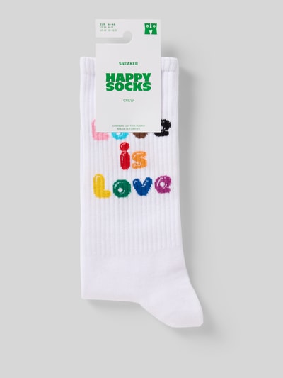 Produktfoto, bunte Ripp-Socken aus Baumwoll-Mix Modell 'LOVE IS LOVE' von Happy Socks mit elastischem Rippenbündchen auf grauem Hintergrund