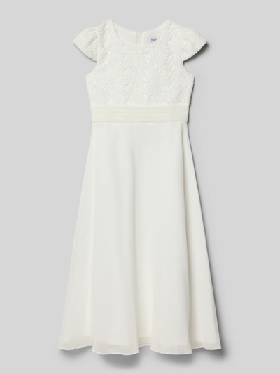 Produktfoto, Kleid mit Taillenband und Kappärmeln von Happy Girls in Weiß, A-Linie, Allover-Stitchings, Pailletten, Rundhalsausschnitt, Rückenreißverschluss