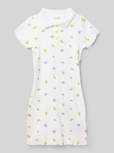 Produktfoto, Slim Fit Kleid mit Polokragen od Guess, biała bawełna, krój slim fit, kwiatowy nadruk allover, krótki rękaw, długość tyłu 72 cm, długość rękawa 11 cm w rozmiarze 140