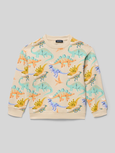 Produktfoto, Regular Fit Sweatshirt mit Allover-Motiv-Print von Blue Seven, kinder, Reine Baumwolle, Rundhalsausschnitt, elastische Abschlüsse, bunte Dinosaurier auf beigefarbenem Stoff