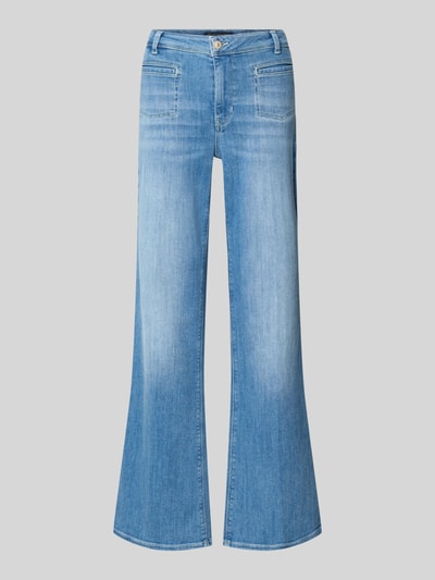 Productfoto, Flared Fit Jeans uit katoenmix model 'NELLA' van Raffaello Rossi, lichtblauw, steek- en achterzakken, knoop- en ritssluiting, taillewijdte maat 36: 40 cm, binnenbeenlengte maat 36: 80 cm, zachte denimstructuur