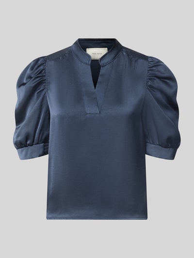 Produktfoto, Regular Fit Bluse aus Satin mit Puffärmeln Modell 'Roella' von Neo Noir, V-Ausschnitt, glatte dunkelblaue Oberfläche