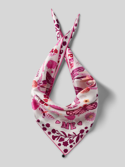 Produktfoto, Tuch aus Seide Modell 'PRINTED NICKI SILK' von Codello in Quadratisch, mit rosa, pinken und roten Mustern auf weißem Grund, glatte, glänzende Textur. Damen Tuch, Reine Seide, Modell PRINTED NICKI SILK, Quadratische Form.