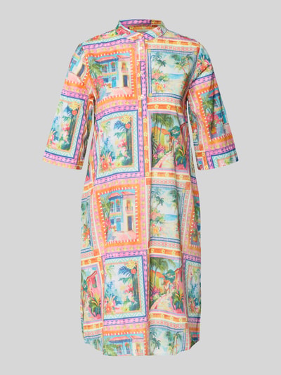 Produktfoto, Knielanges Kleid aus Reiner Viskose von Emily Van den Bergh mit buntem, mehrfarbigem Grafikdruck, Stehkragen, Knopfleiste, 3/4-Arm, lockere Passform, Rückenlänge Größe 36: 103 cm, Brustweite: 49 cm, Ärmellänge: 40 cm