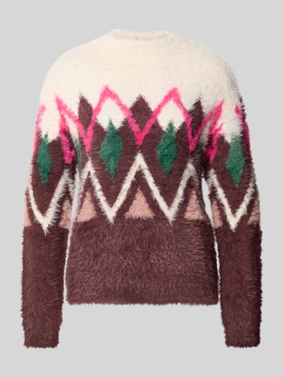 Produktfoto, Regular Fit Pullover in Strick-Optik von Christian Berg Woman mit geometrischem Muster in Creme, Pink, Grün und Braun, Damen Pullover mit Rundhalsausschnitt, taillierte Passform, Rückenlänge 60 cm, Ärmellänge 65 cm