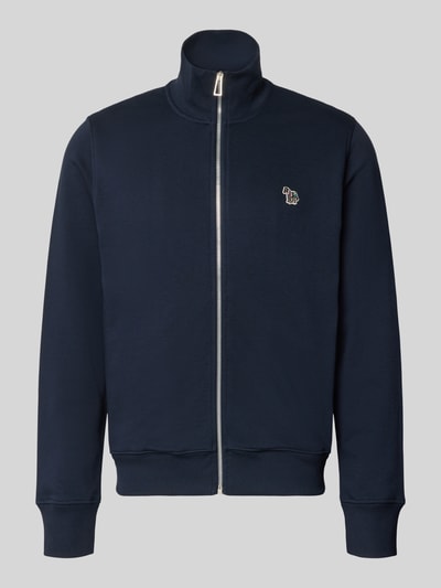 Produktfoto, Regular Fit Sweatjacke aus Baumwolle von Paul Smith in Dunkelblau mit Stehkragen, Reißverschluss und Label-Stitching, elastische Abschlüsse, seitliche Eingrifftaschen, Herren Sweatjacke