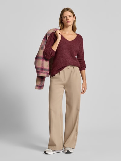 Pieces Regular Fit Strickpullover mit Rippstruktur Modell 'ELLEN' Dunkelrot Melange 1