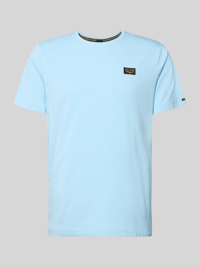 Produktfoto, hellblaues Herren T-Shirt mit Label-Stitching Modell 'GUYVER' von PME Legend aus Baumwoll-Elasthan-Mix, Regular-Fit, gerippter Rundhalsausschnitt, Rückenlänge bei Größe M 72 cm.