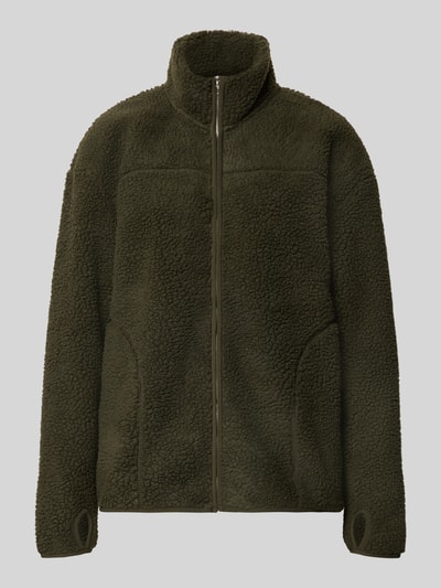 Produktfoto, ciemnozielona kurtka z miękkiego, puszystego materiału, model Relaxed Fit Teddyjacke mit Stehkragen Modell 'SAIDA' od PIECES, damska teddy/webpelzjacka