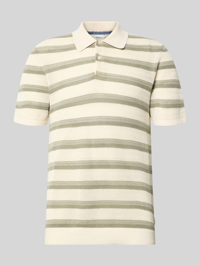 Produktfoto, Regular Fit Poloshirt aus reiner Baumwolle von Pepe Jeans, creme-oliv gestreift, Stricktextur, kurzer Arm, Polokragen, Label Patch.