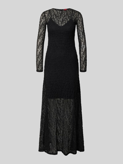 Produktfoto, smalle dames kanten jurk met onderjurk Model 'NULIETTA' van HUGO, effen zwarte semi-transparante look, maxi-lengte, ronde hals, lange mouw, ritssluiting, kantmotief, logodetail, fijne textuur.
