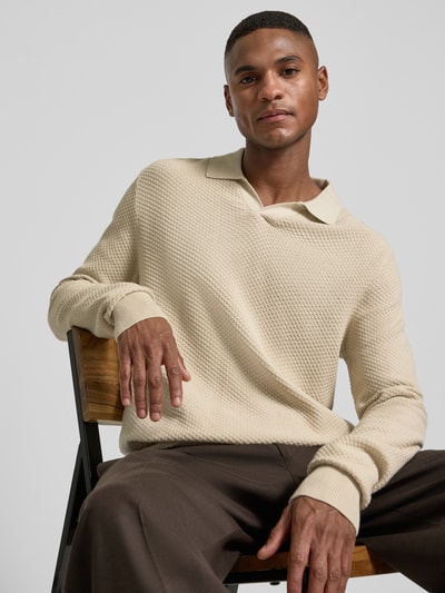 Lindbergh Strickpullover mit Strukturmuster und Umlegekragen Sand 3