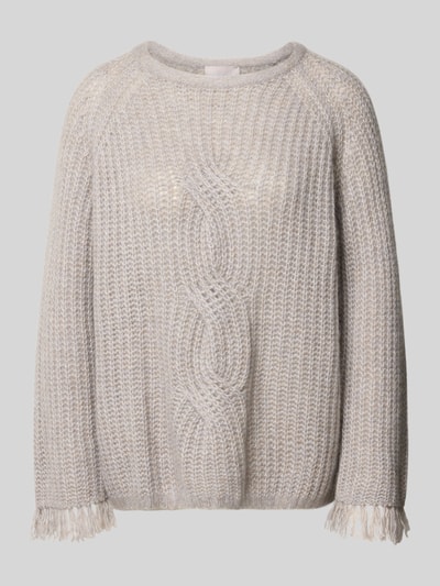 Produktfoto, Strickpullover aus Kaschmir-Baumwoll-Mix mit Zopfmuster von Hemisphere, relaxed Fit, Rundhalsausschnitt, Fransen, beige-meliert, Kontext: Damen Strickpullover, Rückenlänge 59 cm, Ärmellänge 62 cm