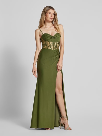 Luxuar Abendkleid mit Wasserfall-Ausschnitt Oliv 1