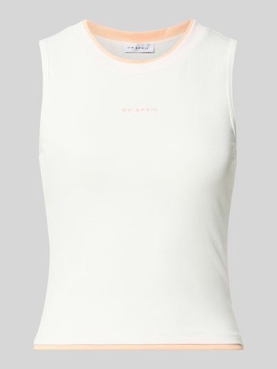 Produktfoto, cremeweißes Tanktop mit Label-Stitching Modell 'Amea' von OH APRIL, Baumwoll-Mix mit Modal-Anteil, Slim-Fit, Rundhalsausschnitt