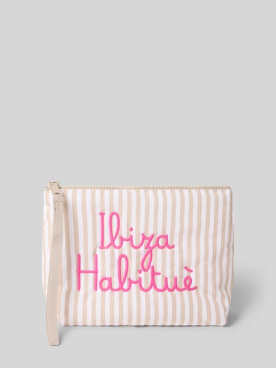 Produktfoto, Kosmetiktasche aus reiner Baumwolle mit Reißverschluss Modell 'Aline' von MC2 Saint Barth, Statement-Stitching, Label-Details, beige-weiß gestreift, rosa Schrift, glatte Textur