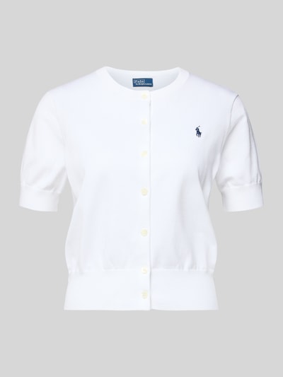 Produktfoto, Slim Fit Strickjacke aus Baumwoll-Mix von Polo Ralph Lauren, biała, jednolita, krój slim fit, krótki rękaw, okrągły dekolt, dzianina