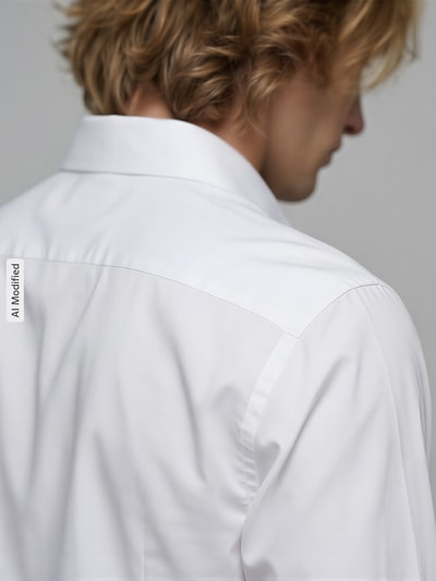 Männermodel trägt weißes Super Slim Fit Business-Hemd mit Kentkragen von Jake*s aus reiner Baumwolle, Detailaufnahme Rückansicht.
