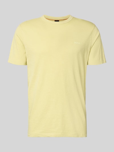 Produktfoto, Regular Fit T-Shirt aus strukturierter Baumwolle Modell 'TEGOOD' von BOSS Orange in Unifarbe Gelb, kurzer Ärmel, Label Print, Rundhalsausschnitt, reine Baumwolle