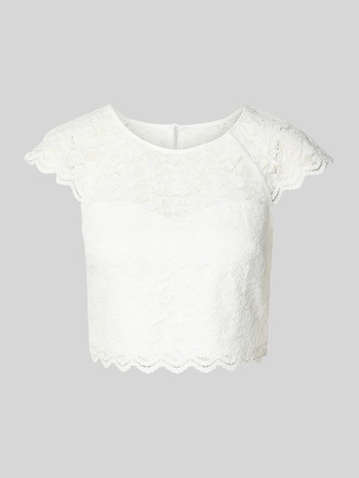 Produktfoto, Cropped T-Shirt aus floraler Spitze von Jake*s Cocktail, wit, elastische materiaalmix, cropped fit, ronde hals, korte mouwen, geïntegreerde bustier, semitransparant, ruglengte maat 36: 38 cm