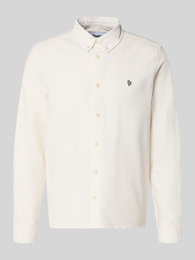 Produktfoto, Regular Fit Freizeithemd mit Button-Down-Kragen von REVIEW in Creme, reine Baumwolle, sichtbares Label-Stitching, glatte Struktur