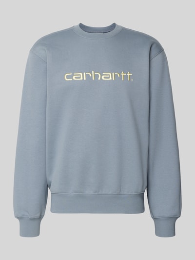 Produktfoto, Sweatshirt mit Label-Stitching von Carhartt Work In Progress aus Baumwoll-Mix, lockere Passform, hellblau, Rundhalsausschnitt, gerippte Abschlüsse.