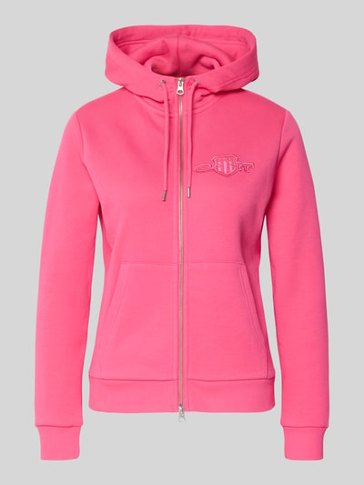 Produktfoto, Sweatjacke mit Zweiwege-Reißverschluss und Label-Patch von Gant aus Baumwoll-Elasthan-Mix, Regular-Fit, Kapuze, Känguru-Tasche, pink, glatte Textur