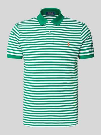 Produktfoto, Slim Fit Poloshirt aus reiner Baumwolle von Polo Ralph Lauren, grün-weiß gestreift, Polokragen, Logo-Detail, Piqué-Struktur