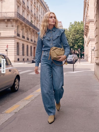 Frauenmodel trägt Barrel Fit Jeans aus Baumwoll-Mix Modell 'Melu' von GESTUZ, mittleres Blau, strukturierte Oberfläche, 5-Pocket-Design, Ganzkörperansicht von vorne, KI-modifiziertes Bild.