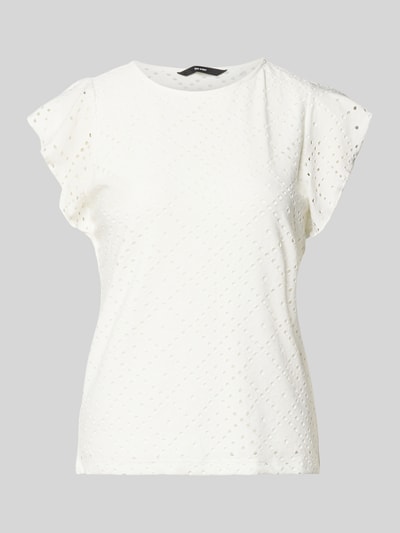 Produktfoto, Regular Fit T-Shirt mit Rundhals-Ausschnitt Modell 'TASSA' von Vero Moda, Damen T-Shirt in Optik: Unifarben, Kurzarm, Frill-Ärmelabschluss, Materialverarbeitung: Stretch, Weiß, feine Lochstruktur