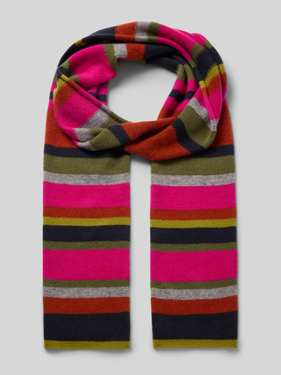 Produktfoto, Schal in rechteckiger Form von Christian Berg Woman, gestreift in Pink, Orange, Olive und Schwarz, gerippte Abschlüsse, 34x220 cm