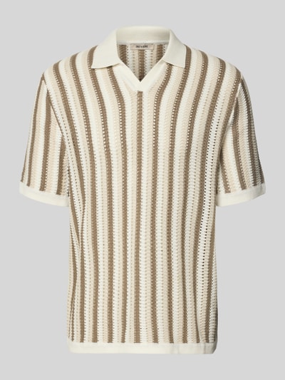 Produktfoto, Regular Fit Poloshirt aus Baumwoll-Mix Modell 'THUE' von Only & Sons mit beige-weißen Streifen, Lochstrickmuster, Strukturtextur, Polokragen und V-Ausschnitt
