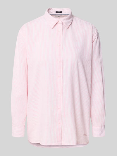 Produktfoto, Relaxed Fit Hemdbluse aus Leinen-Baumwoll-Mix Modell 'BERNANY' von Pepe Jeans mit Optik:Allover-Muster, gestreift, Knopfleiste, Langarm, Manschette, Label-Stitching-Applikation, in zarten Rosa- und Weißtönen, strukturierte Oberfläche.