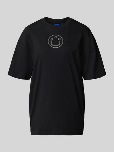Produktfoto, czarna, jednokolorowa koszulka Oversized_Tee_b_9 z bawełny od HUGO z brokatowym nadrukiem, krój oversize, jersey