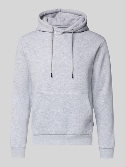 Produktfoto, Hoodie mit Kapuze Modell 'BRADLEY' von Jack & Jones aus hellgrauem Material-Mix mit Baumwoll-Anteil, gerippte Abschlüsse, lockerer Schnitt, Känguru-Tasche, Tunnelzug, Kapuze, ideal für Herren