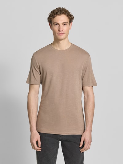 HUGO męski t-shirt o kroju regular fit z mieszanki lyocellu i lnu model 'DULEROSTEE' Jasnobrązowy 4