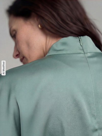 Frauenmodel trägt Blusenshirt mit Stehkragen von Jake*s Collection in zartem Mint mit sichtbarem rückseitigem Reißverschluss, Nahaufnahme Rückansicht. Material-Mix mit Stretch-Anteil, Regular Fit, Rückenlänge bei Größe 38: 59 cm.