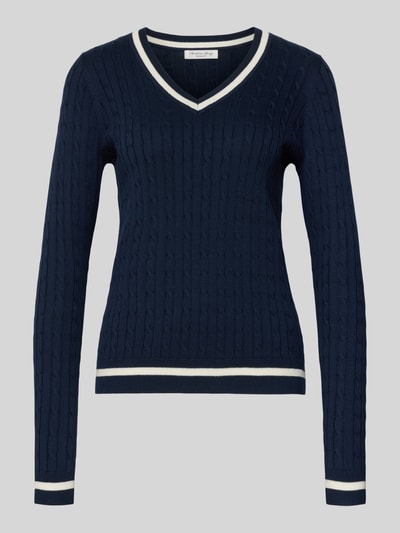 Produktfoto, 'Slim Fit Longsleeve in Strick-Optik' van Christian Berg Woman, donkerblauw met witte accenten, katoenmix, V-hals, elastische boorden, ruglengte maat S 58 cm, mouwlengte 63 cm
