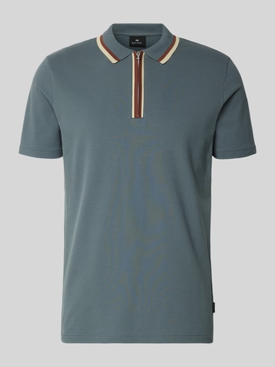 Produktfoto, Regular Fit Poloshirt mit Reißverschluss von PAUL SMITH aus Baumwoll-Elasthan-Mix in Blau mit Kontraststreifen am Kragen