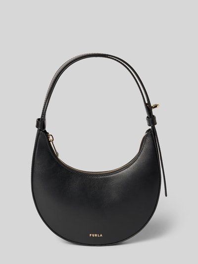 Produktfoto, schwarze Handtasche aus Leder mit Label-Detail Modell 'DELIZIA MINI' von FURLA, Hauptfach mit Reißverschluss, Tragehenkel, Breite 18 cm, Länge 20 cm, Tiefe 3 cm, Schulterriemen 34 cm, glatte Oberfläche