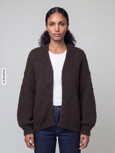 VERO MODA kardigan rozpinany o kroju loose fit z bufiastymi rękawami model 'MAYBE' Czekoladowy 4