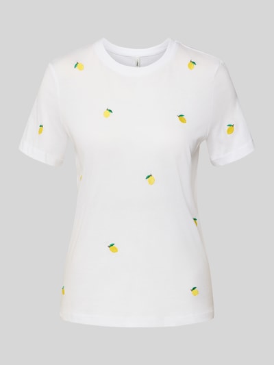Produktfoto, Regular Fit T-Shirt aus reiner Bio-Baumwolle Modell 'KETTY LIFE' von Only, biały, haft cytryn, okrągły dekolt, krótki rękaw, jednolity kolor, damski, materiał gładki